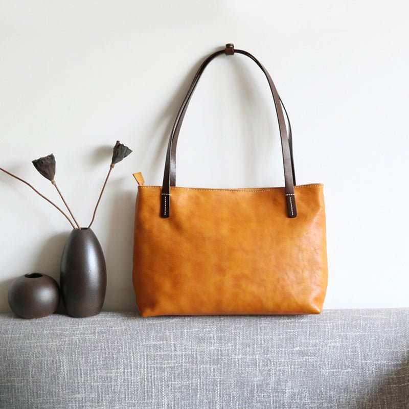 Handmade Vegetable Tanned Leather Tote Bag Leather Shopping Bag