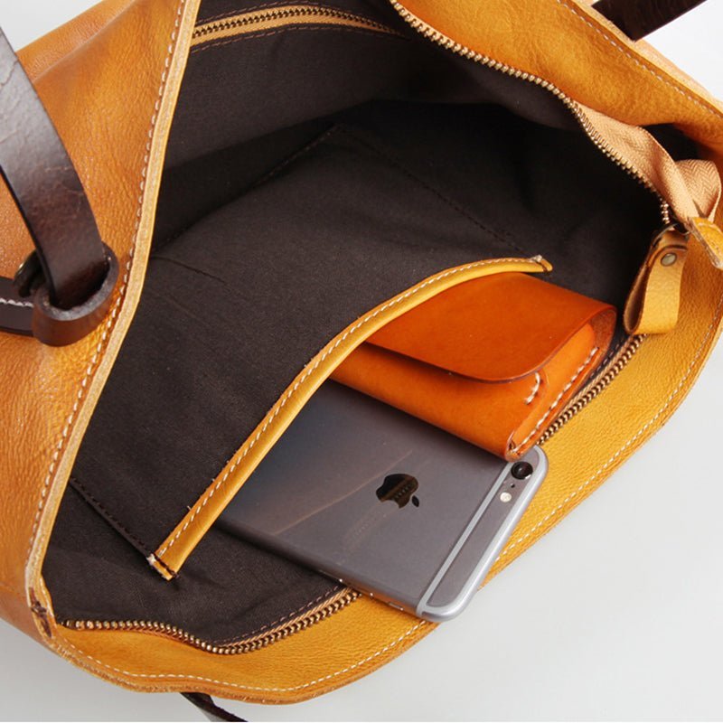 Handmade Vegetable Tanned Leather Tote Bag Leather Shopping Bag - Image 12