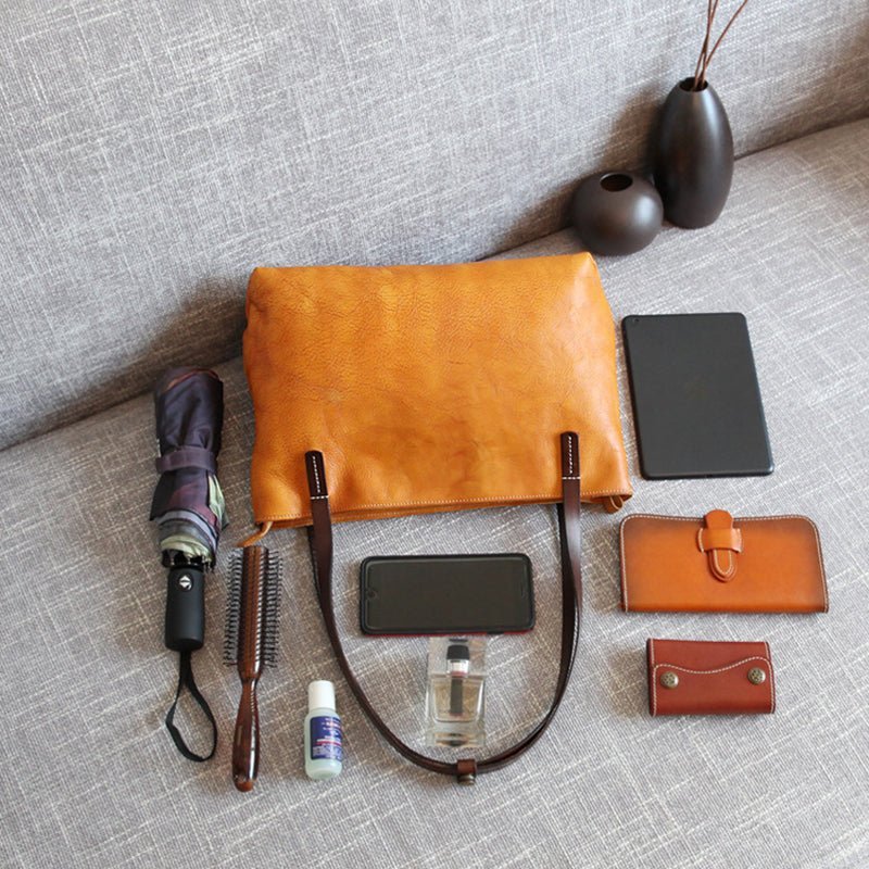 Handmade Vegetable Tanned Leather Tote Bag Leather Shopping Bag - Image 5