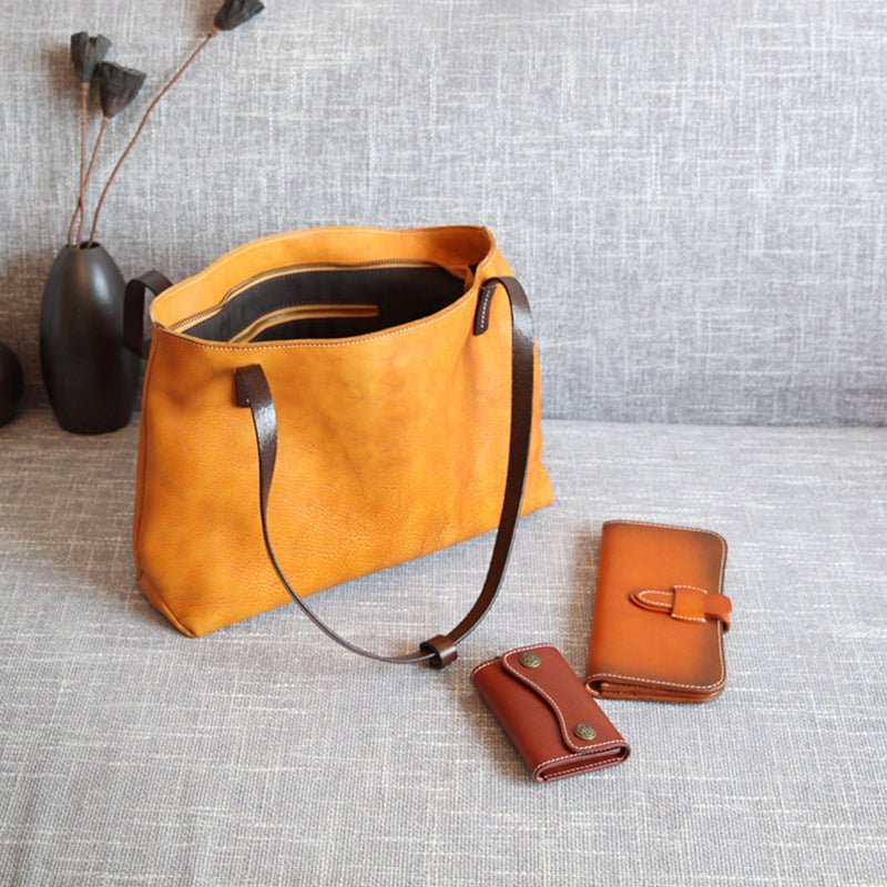 Handmade Vegetable Tanned Leather Tote Bag Leather Shopping Bag - Image 7